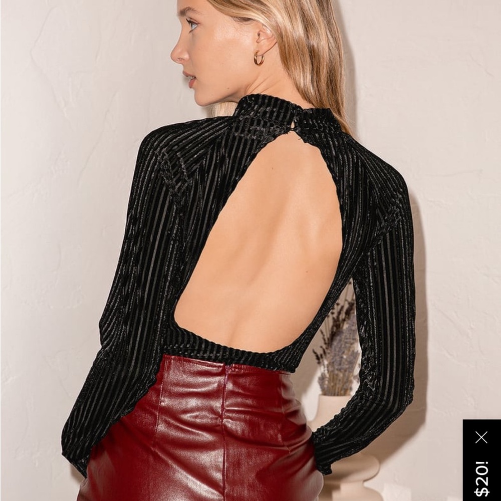 Black velvet striped open back bodysuit